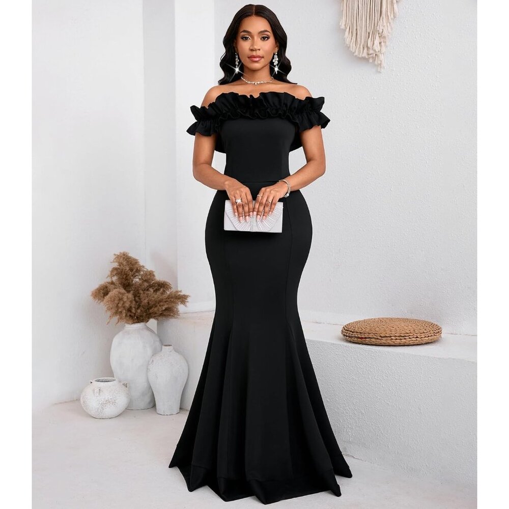 Women's Black Cololura Sexy Floor-Length Off Shoulder Ruffles Stringy Selvedge - Picture 5 of 8